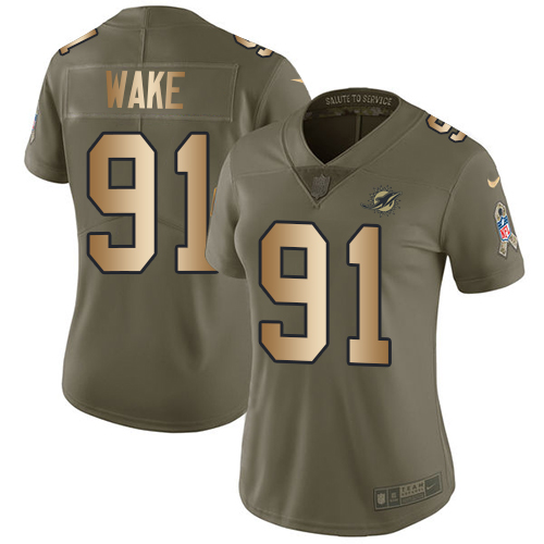Nike Dolphins #91 Cameron Wake Olive/Gold Women's Stitched NFL Limited Salute to Service Jersey